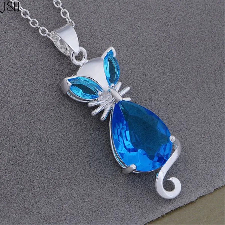 For women lady silver color fashion CZ STONE wedding elegant kitten red blue crystal necklace charms Best Gift cute AN757 | Украшения и