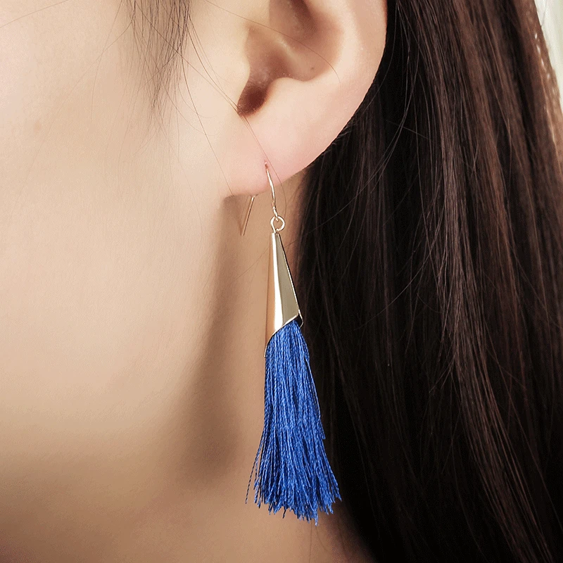 Женские сережки с кисточками Boho черные желтые синие длинные висячие серьги из