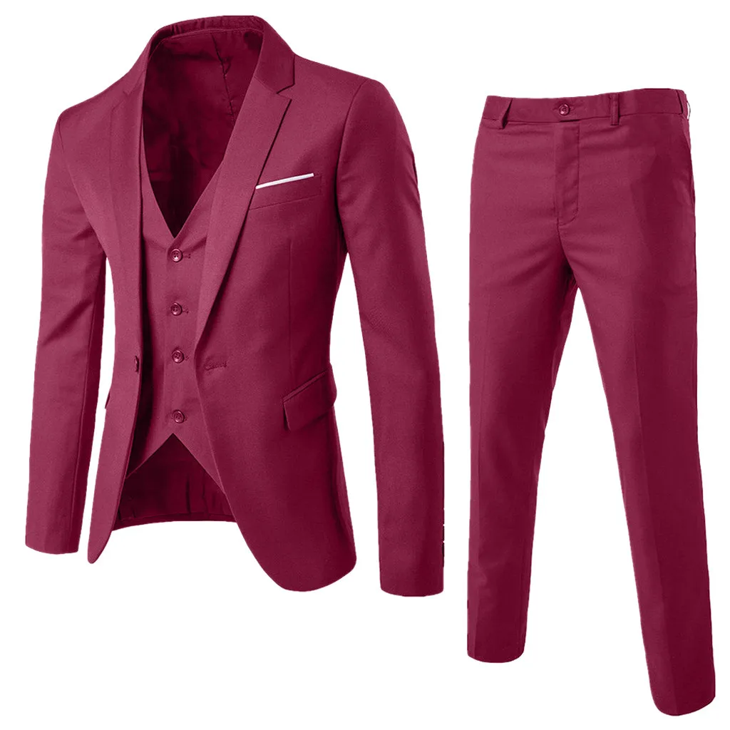 

2019 Fashion Mens Suit Slim 3 Pieces Suit Blazer Business Wedding Party Male Jacket Vest with Pants Plus Size Suit Set