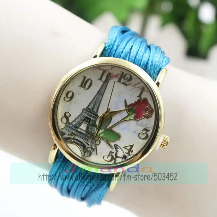 100 шт./лот часы с плетеным шнурком розовым цветком Эйфелевой башней женские