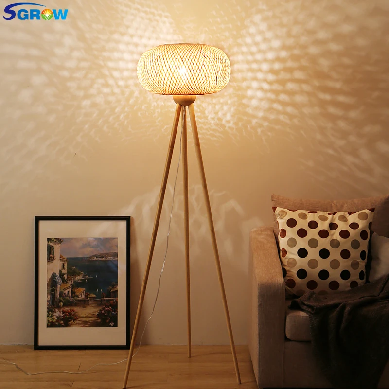

SGROW Lantern Design Lampshade Handmade Bamboo Floor Lamp for Dinning Room Bedroom Garden Farmhouse Style Standing Light Fixture