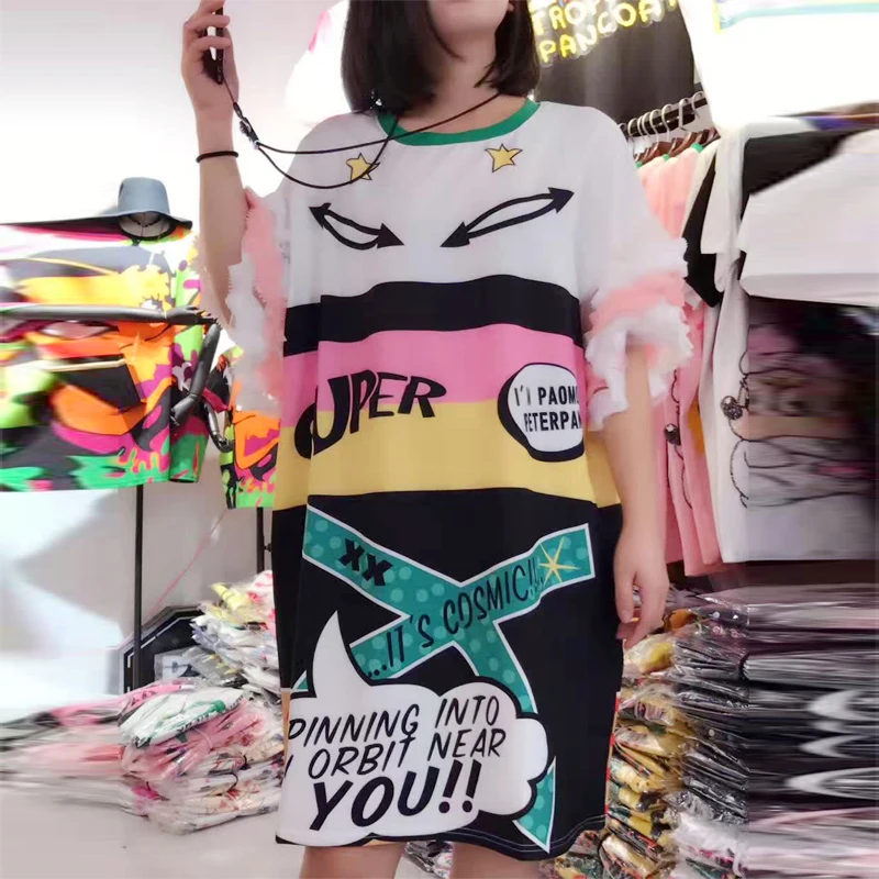 Новинки для женщин High Street граффити печати свободное платье с рукавами-лепестками