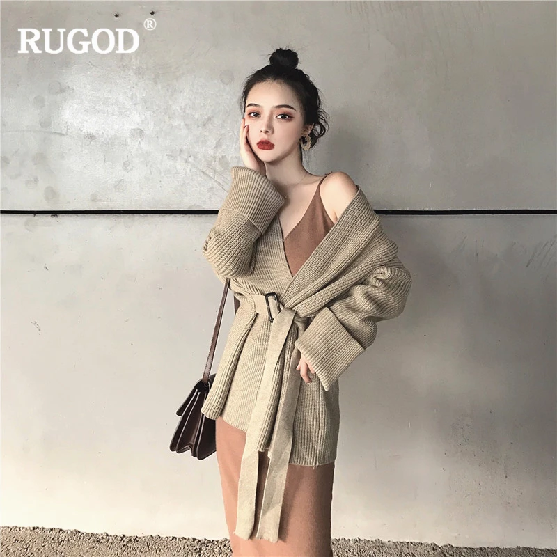 RUGOD Winter Sweater Women Solid Cardigans Long Sleeve Sashes Knitted Tops Autumn Clothes pull hiver femme 2019 |