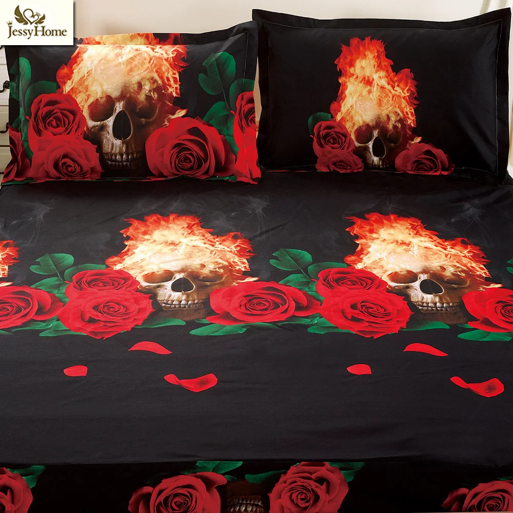 3D Fire Skulls Bedding Set Rose Print 4Pcs Duvet Cover Pillowcase Flat Sheet Twin Queen King Size Bed | Дом и сад