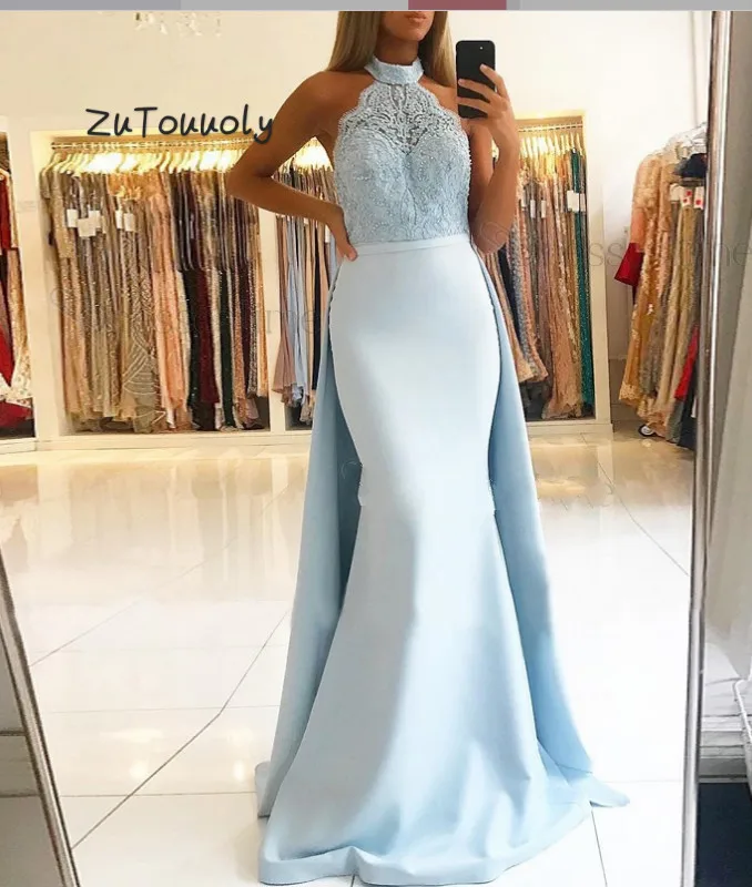 Светло голубой с расширенным съемным подолом вечернее платье Русалка высоким
