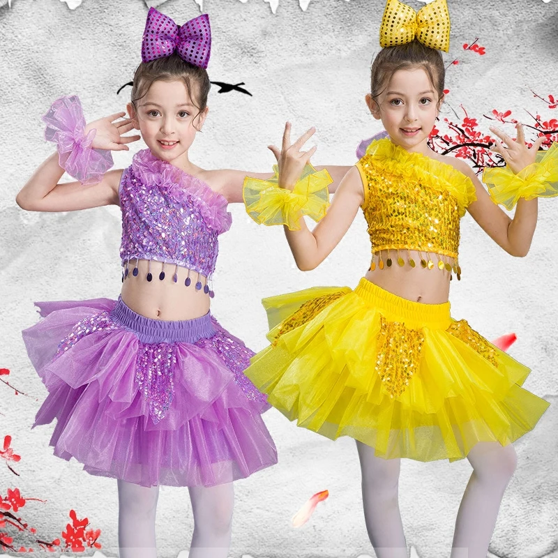 children's dance stage costume for girls modern kids jazz costumes sequin clothes salsa contemporary | Тематическая одежда и