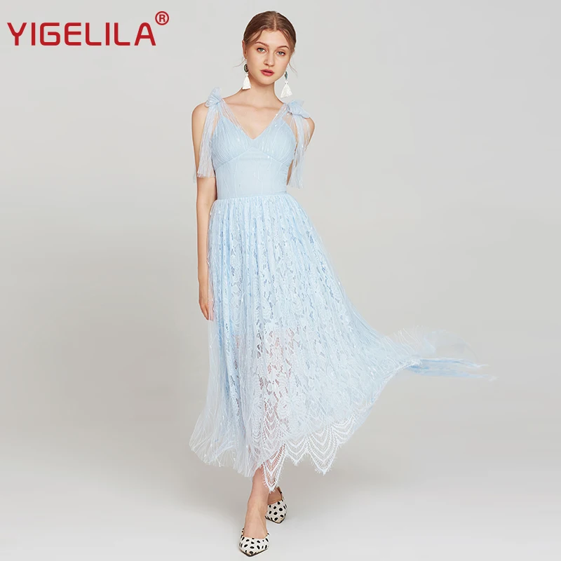 YIGELILA, летнее женское кружевное Бандажное платье, модное тонкое длинное платье с бантом на бретельках, длиной до лодыжки, с открытой спиной, 63933