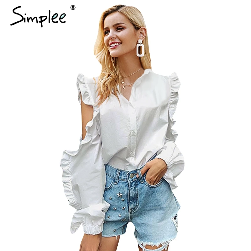 Simplee элегантный оборками Длинная блуза рубашка офис леди Белый Стенд шеи Блузка с