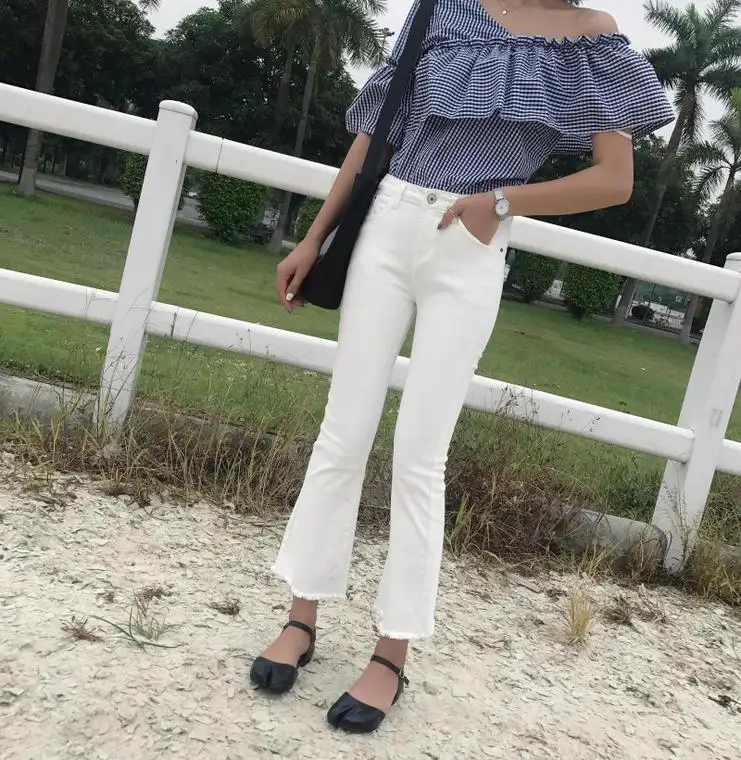Корейская версия однотонных обтягивающих расклешенных брюк с высокой талией, модные женские джинсы Harajuku, элегантные женские брюки