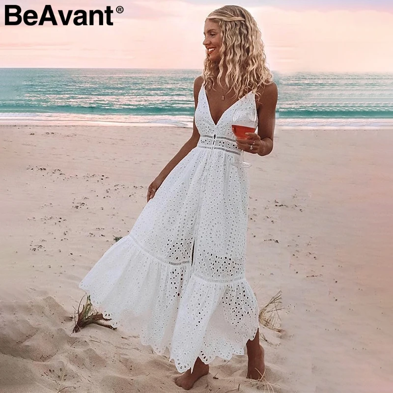 Белый BeAvant, Вышитое хлопковое белое летнее платье, женское сексуальное платье с v-образным вырезом на бретельках, длинное платье с высокой талией и пуговицами, женское Повседневное платье - Цвет: Белый
