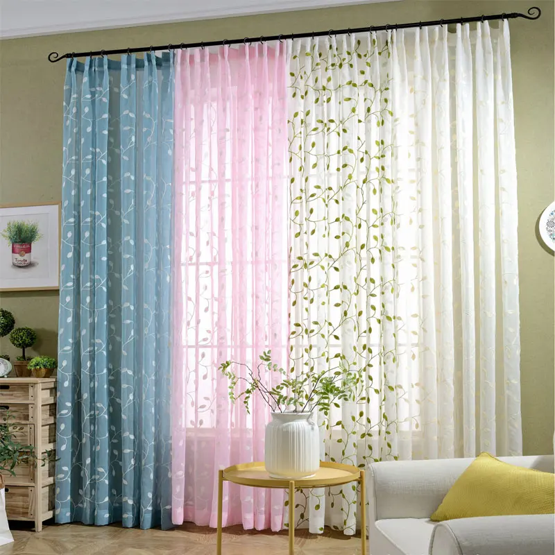 Тюль из органзы с вышивкой в виде листьев|blue curtain bedroom|curtains bedroomsheer curtains white |