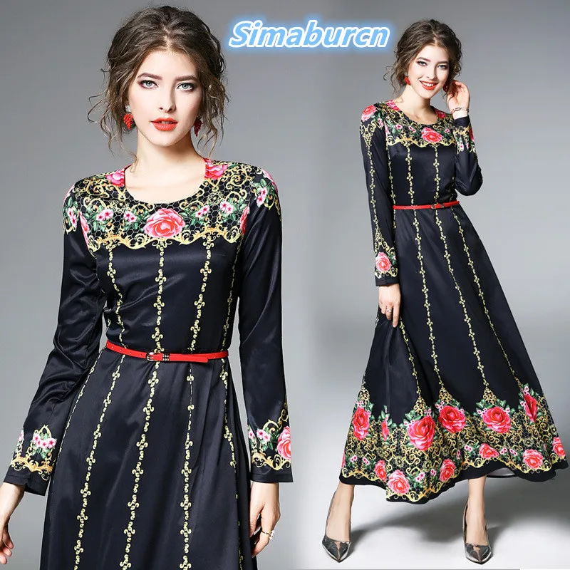 

Vintage Women Spring Dresses Party Femme Dresses Vestidos Long Sleeve O-Neck Female Loose Print Flower Winter Dress