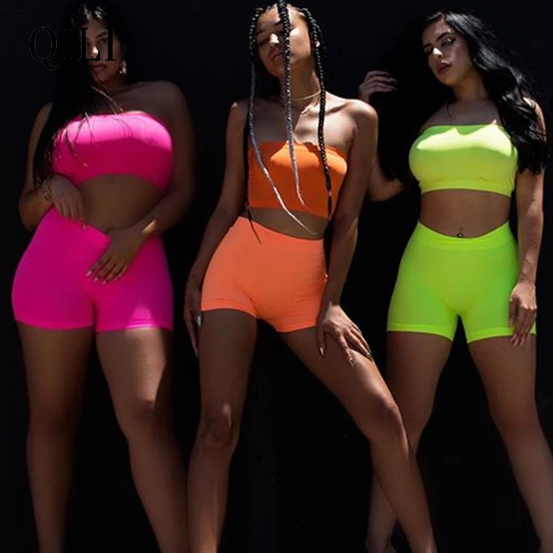 

QILI Women 2 Piece Set Outfits Neon Green Orange Rose-red Rompers Top+Biker Shorts Set Casual Biker Fitness Summer Clothes