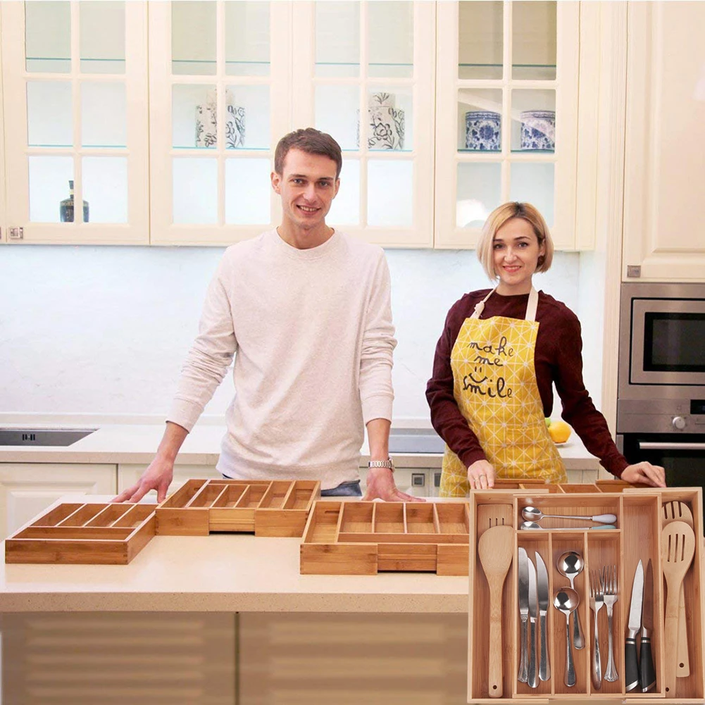 Расширяемые столовые приборы ручка ящика бамбук Органайзер поднос для столовых