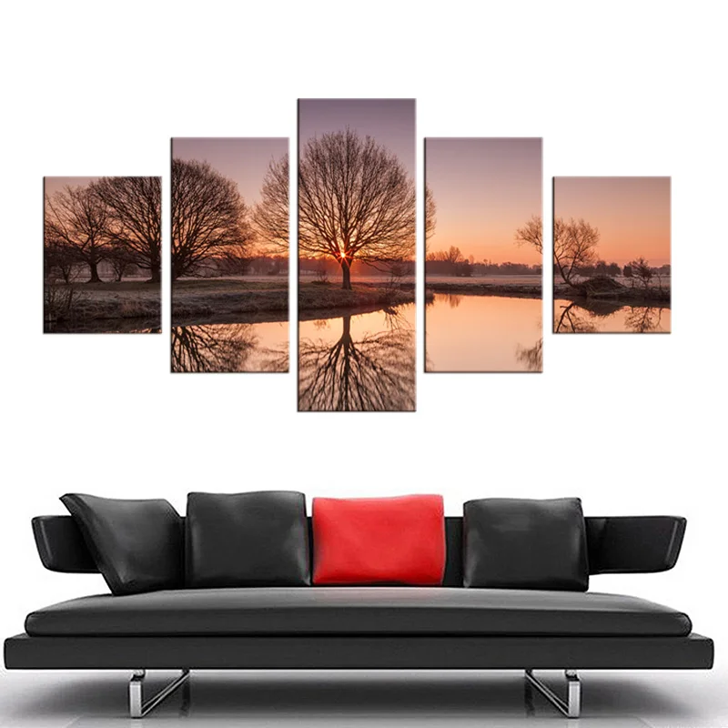 5 panel printing tree art sunset landscape picture big canvas painting bedroom living room home wall decoration | Дом и сад