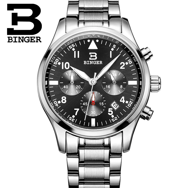 Switzerland BINGER men's watches luxury brand Quartz waterproof full stainless steel Chronograph Stop Watch Wristwatches B9202-2 |