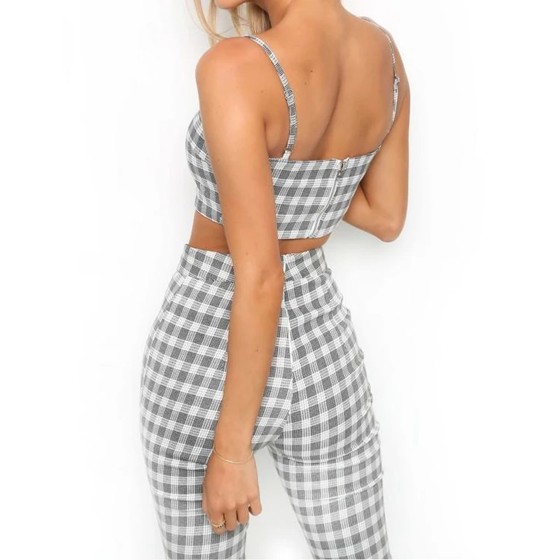 

Minimalist Women 2PCS Set Crop Top Long Pencil Pant Black Plaid Shirt Flare Pants Sleeveless Camisole Skinny Trousers For Lady