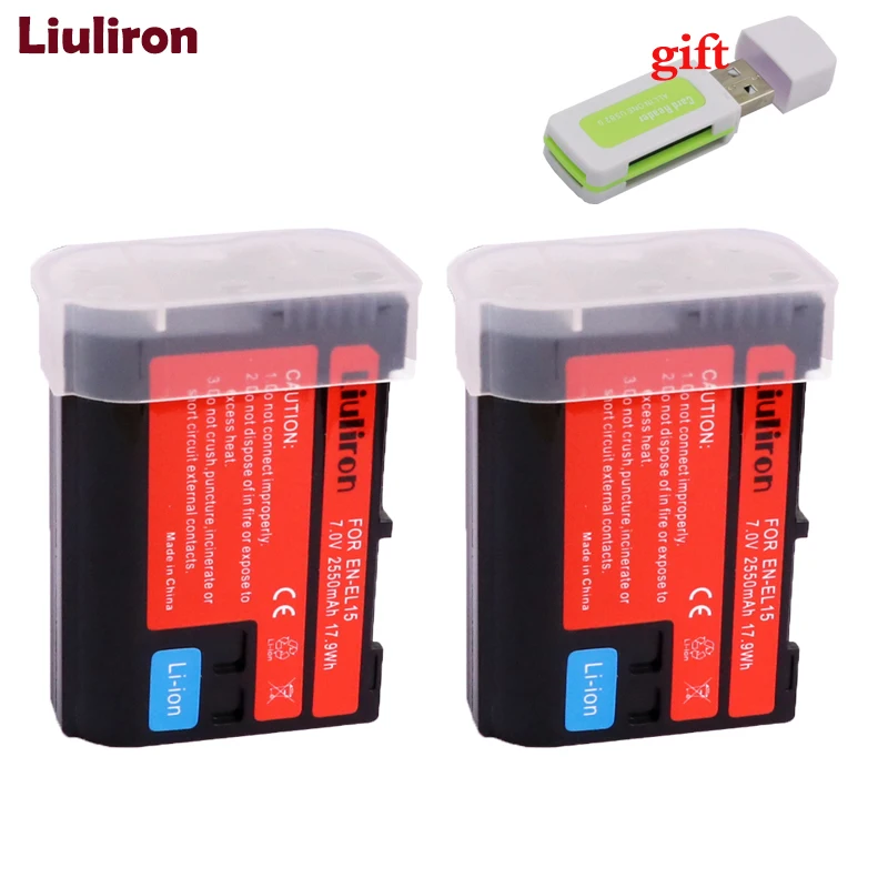2battery 2550 мА/ч, EN-EL15 ENEL15 RU EL15 EN-EL15A RU EL15A Камера Батарея для цифровых зеркальных фотокамер Nikon D600 D610 D800 D800E D810 D7000 D7100 D7200 L15 - Цвет: 2battery