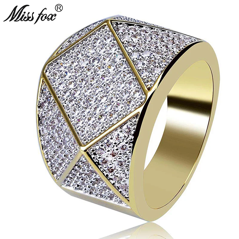 MISSFOX хип хоп Алмазный многоугольник мужское кольцо высокое качество 18k золото с