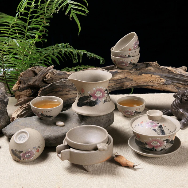 

A Teaware Antique Coarse Pottery Hand Painted Ceramic Chinese Kung Fu Tea Set Giawan Teapot Teacup Fair Cup Tea Filter 9PCS/Sets