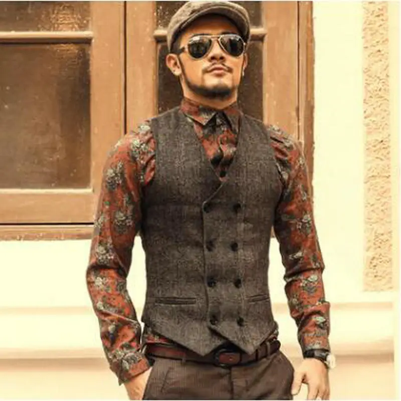 Mens Double Breasted Vest Men Dress Suit Formal Grey Gilet Slim Business Jacket Tops homme 2019 spring | Мужская одежда