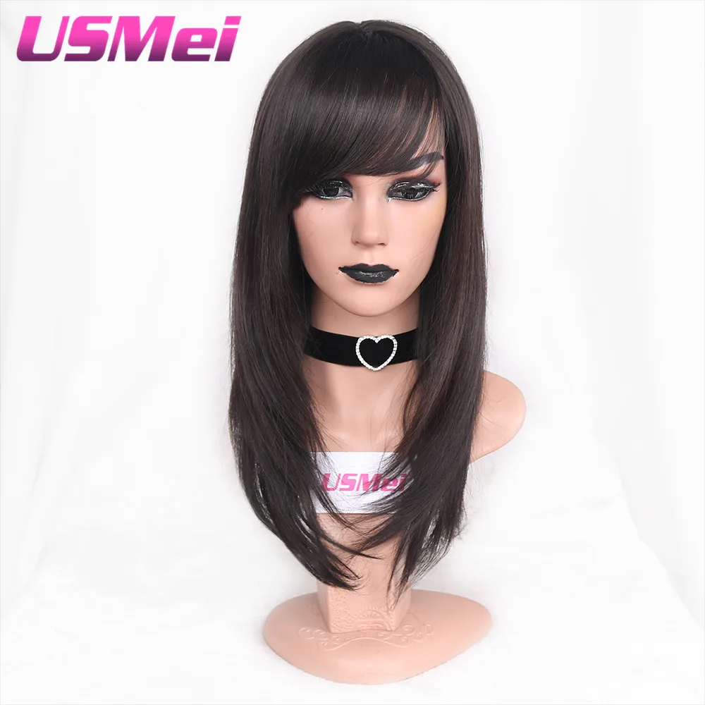 USMEI Hair 22 дюйма натуральный прямой синтетический парик с боковой челкой черные