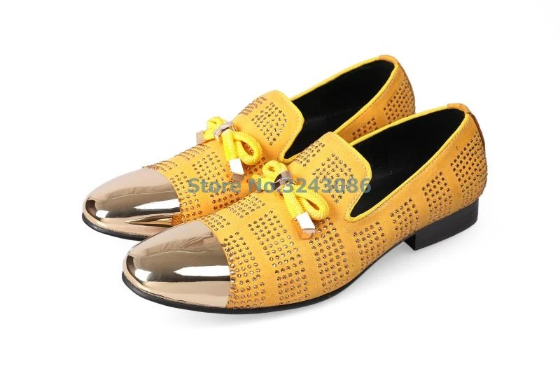 

Туфли-лодочки мужские с круглым носком, удобные, на плоской подошве, с металлическим носком, хрустальные, для ночного клуба, вечерние, с бантом, желтые, черные