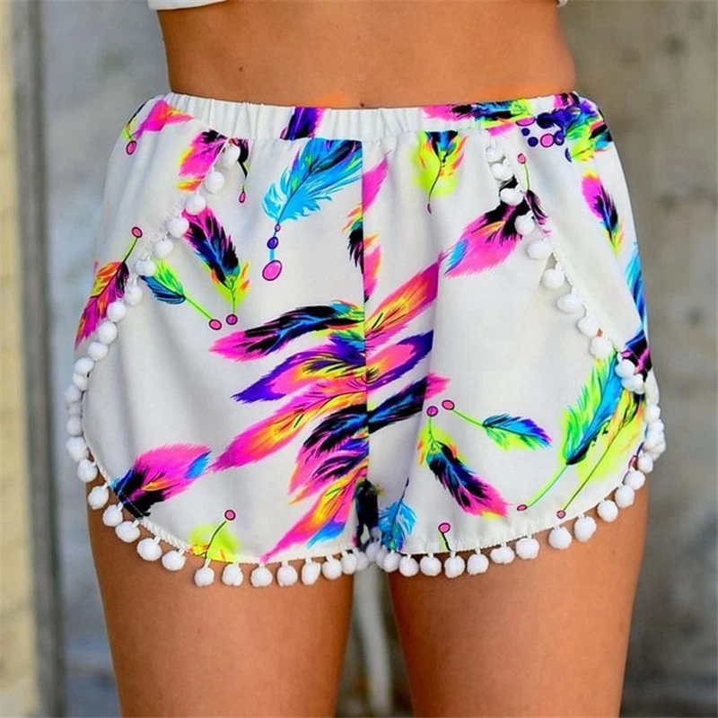 

2016 Summer New Fashion Boho Floral Tassel Printed Loose Elastic Waist Women Mini Shorts femme sexy pom pom shorts