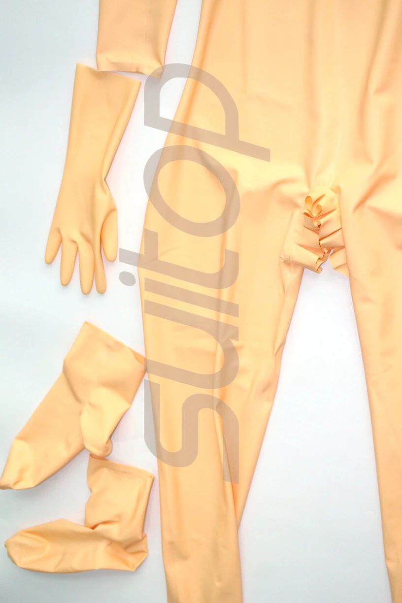 Облегающий латексный комбинезон zentai с объемным бюстом телесного цвета размеры