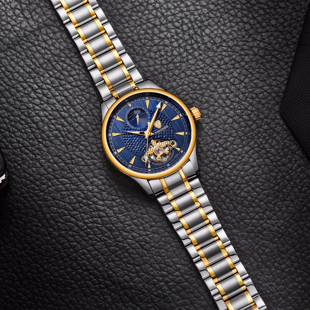 Tevise Top Brand Moon Phase Automatic Mechanical Watches Mens Tourbillon Skeleton Watch Men Stainless Steel 24 hour Clock T808B | Наручные