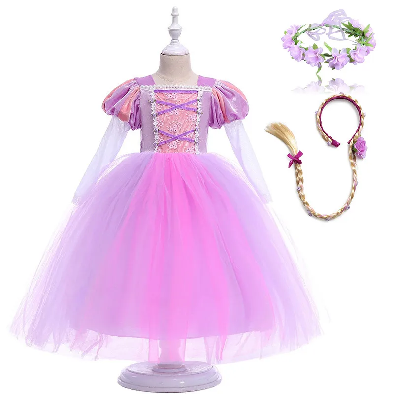 Dress Set 4 Костюм принцессы Рапунцель для девочек от 4 до 12 лет вечерние платья Рапунцель из тюля с длинными рукавами для костюмированной вечеринки - Цвет: Dress Set 4