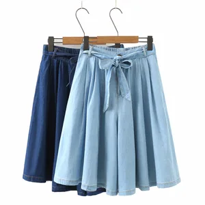 Женские джинсовые шорты с высокой талией, летние мягкие свободные винтажные повседневные шорты трапециевидной формы с эластичным поясом, синие джинсовые шорты с широкими штанинами