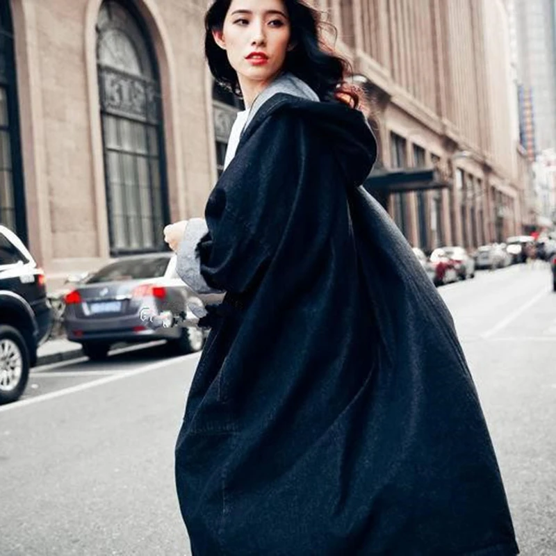 Демисезонная женская ветровка в стиле харадзюку длинное пальто с капюшоном