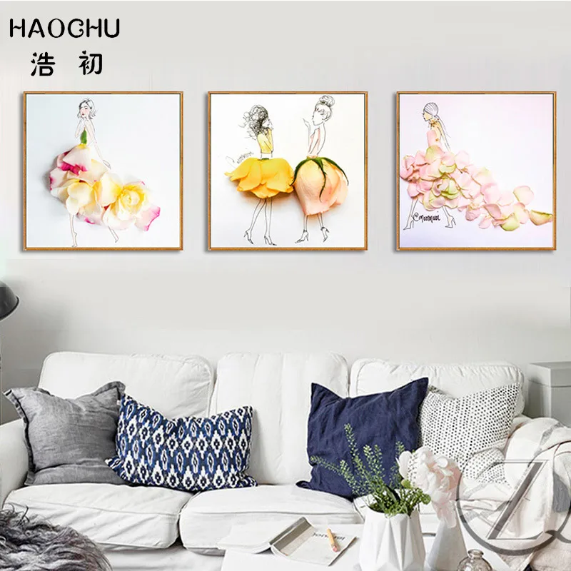 HAOCHU Nordic трехмерный цветочный эффект девушка холст детская комната настенные