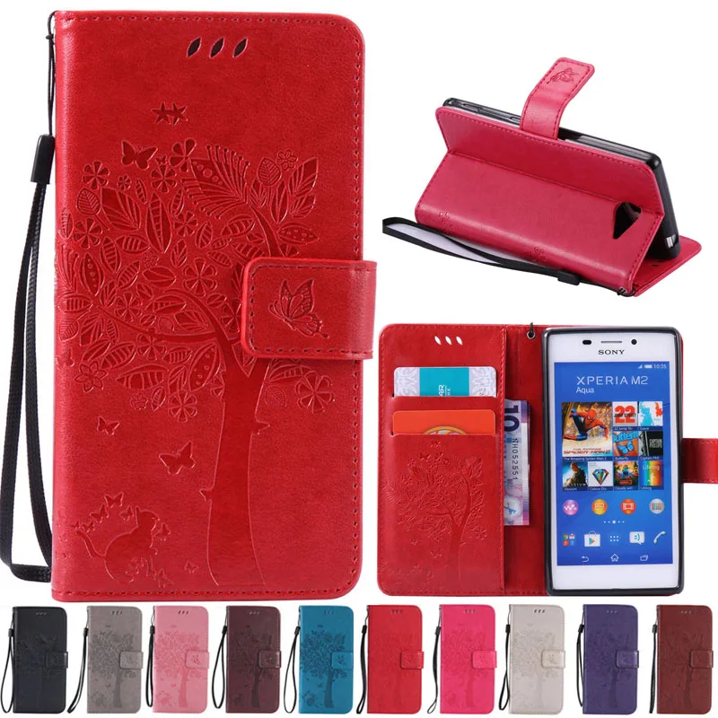 Чехол для sony M2 Coque Роскошные кошки дерево узор кожаная крышка телефона Xperia