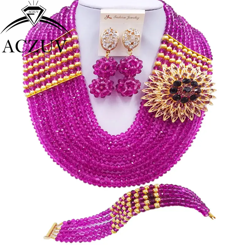 

ACZUV 10 Rows Purple Crystal Fashion African Costume Jewelry Set Nigerian Wedding Beads Party Jewelry Sets 10LBJZ009