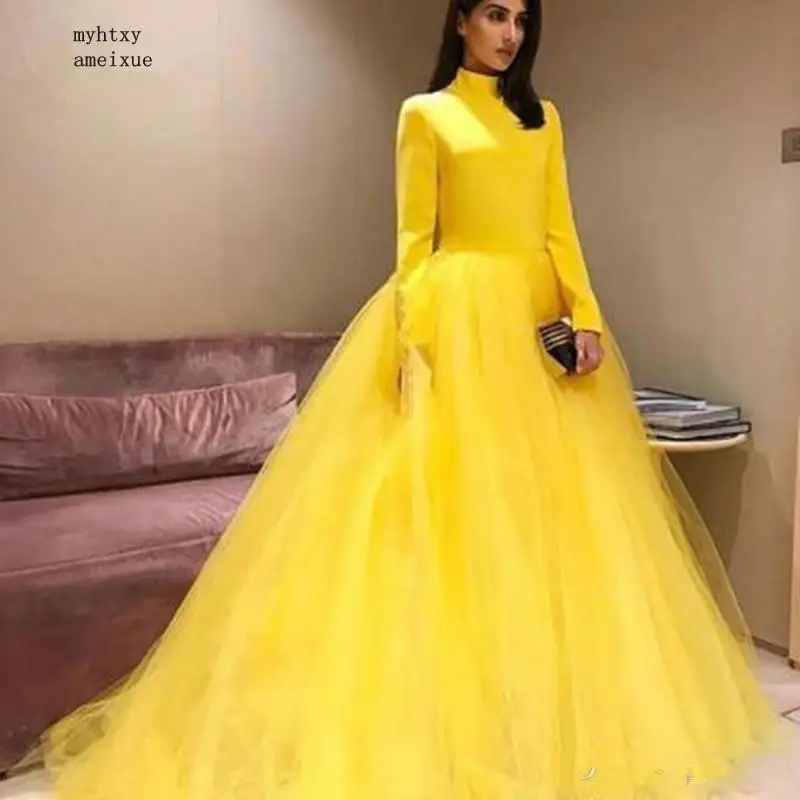 Muslim Vintage Dubai Sexy yellow Evening Dresses Long 2020 Elegant Long Sleeve Ball Gown High Neck Formal Party Dresses Cheap