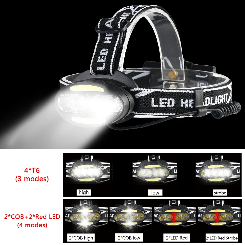 

Headlight 5000 LM LED headlamp 4* T6 +2*COB+2*Red Head Lamp Waterproof Flashlight Rechargerable Torch Lanterna with battery z50