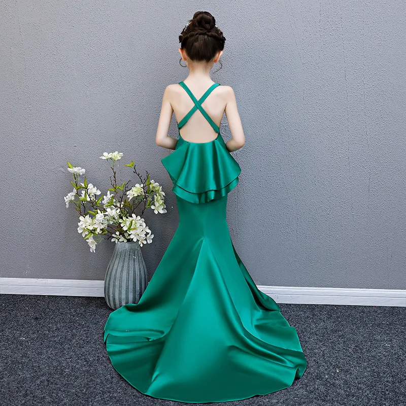 Royal Mermaid Princess Dress Backless Long Trailing Kids Pageant for Birthday Party Halter Bodycon Girl Evening Gowns B429 | Детская