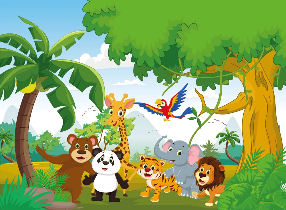 Jungle Backdrop Cartoon Animals Photo Booth Photocall HUAYI Vinyl Birthday Photography Background XT-7562 | Электроника