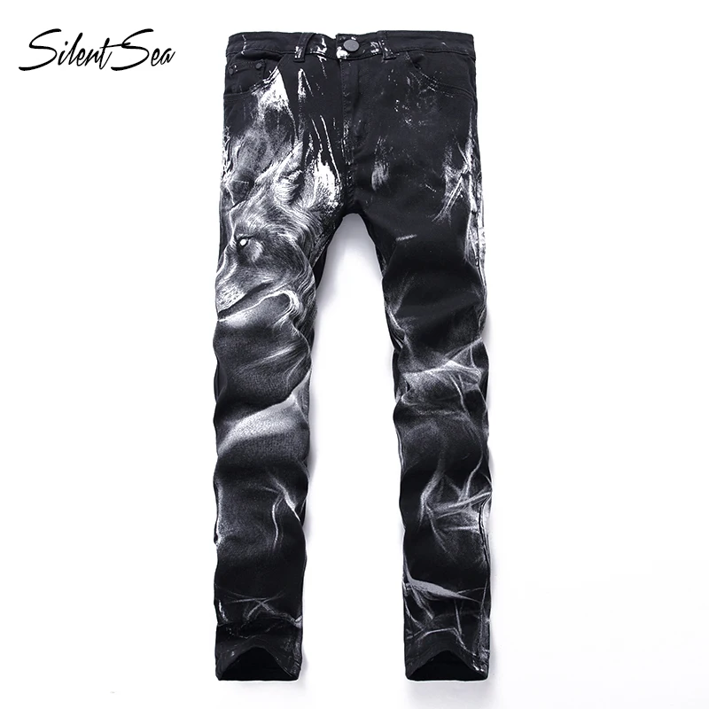 Джинсы мужские потертые в стиле хип-хоп облегающие брюки из денима с принтом льва