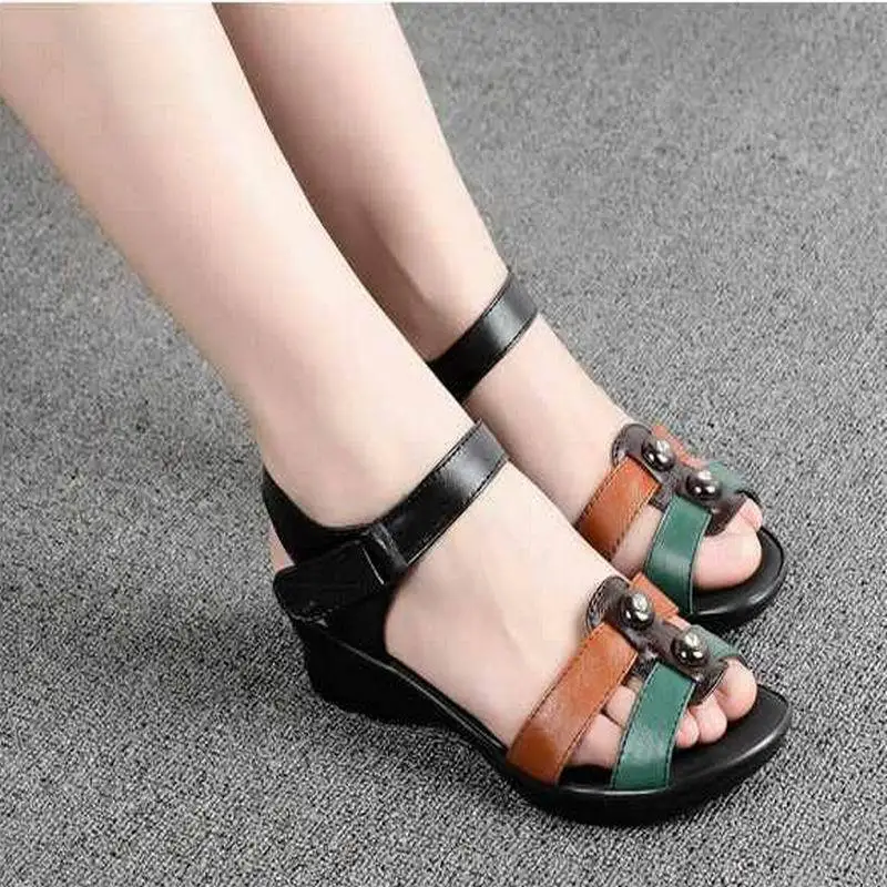Nice Summer Women Genuine Leather Sandals Wedges Open Toe Shoes Comfortable Female Mother Plus size(25-61) | Обувь