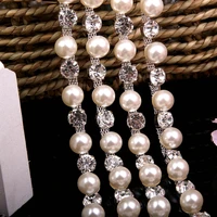 1 yard 1 cm pearl crystal rhinestones chain trims for clothes collar bags hats wedding dress appliques diy sewing crafts cusack