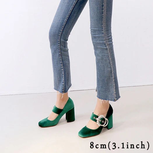 Green Heel 8cm Г. Модные черные туфли-лодочки персиковые замшевые туфли мэри джейн на высоком каблуке с квадратным носком и жемчугом женская обувь, размер 4, 34, 3 дюйма, со стразами - Цвет: Green Heel 8cm