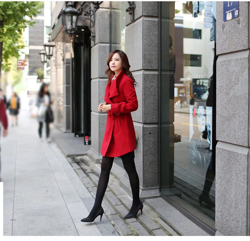 Женское зимнее длинное пальто модное корейское Женское пальто теплое тонкое шерстяное пальто кашемировое пальто элегантное красное черное Женское пальто