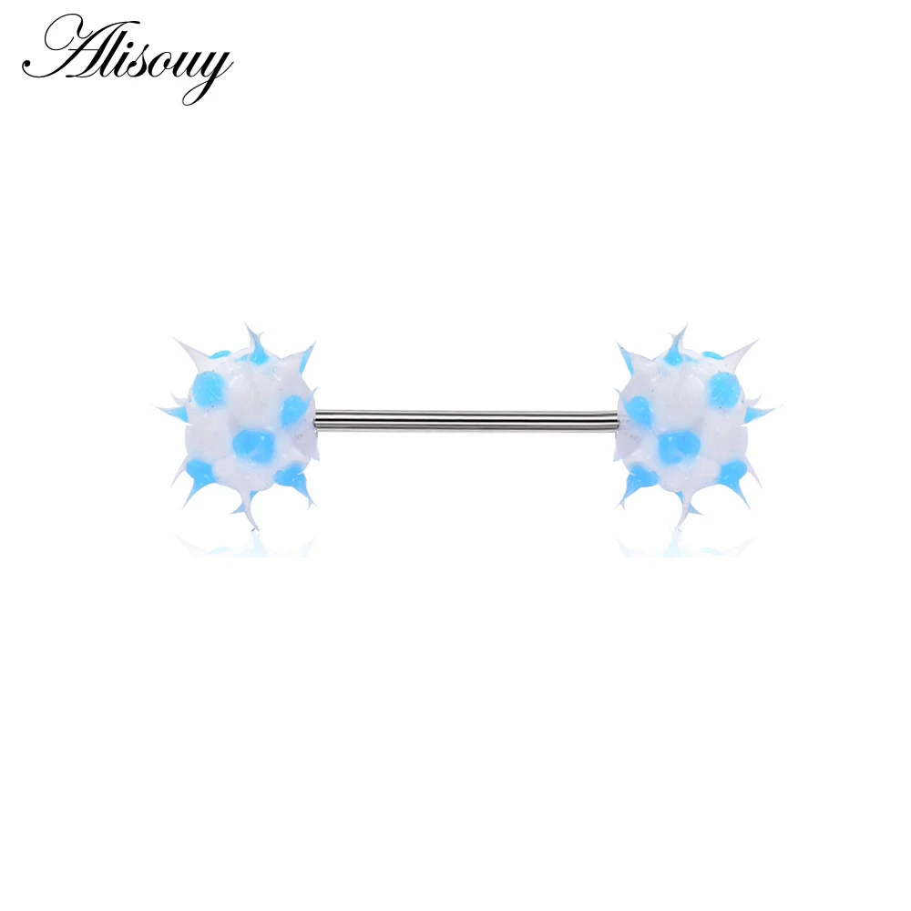 White-Blue Alisouy, 1 шт., силиконовый шарик, нержавеющая сталь, штанга для языка, кольца для сосков, штанга, женские сексуальные серьги для пирсинга, модные украшения для тела - Окраска металла: White-Blue