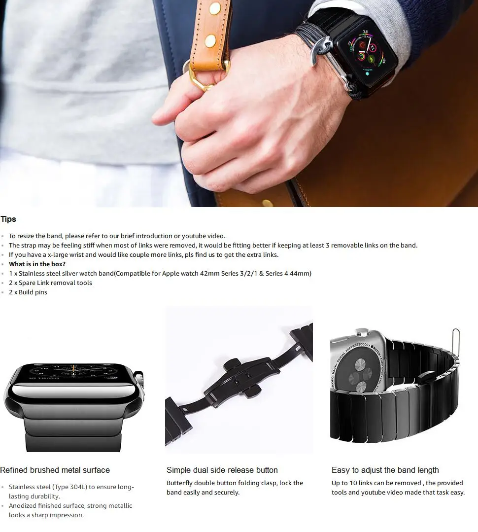 Сменный Браслет из нержавеющей стали 316L для Apple Watch 4, 3, 2, 1, 40 мм, 44 мм, ремешок с застежкой-бабочкой