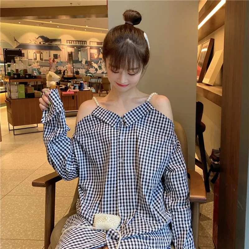 

sweet loose slash neck plaid full button spaghetti strap off shoulder Korean ladies tops Women's Clothing summer style Shirts