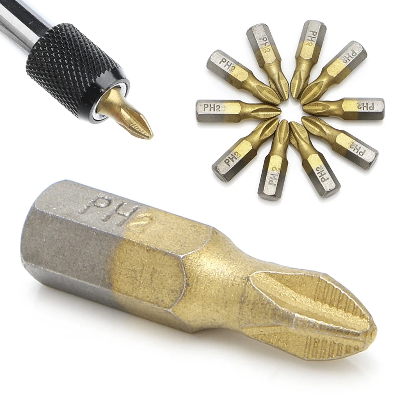 

10 Pcs 1/4" Titanium Coated Anti Slip Hex Shank PH2 Screwdriver Bit 25mm W310