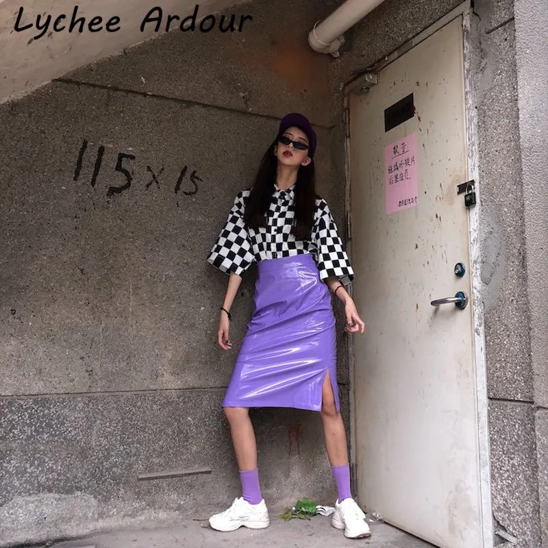 Lychee Ardour PU юбка с Боковым Разрезом фиолетовый сплошной цвет женские длинные юбки